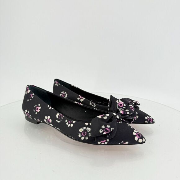 Tory Burch Rosalind Ballet Flats Women's Size 5 Black Floral Satin Bow Pointed - Picture 3 of 16